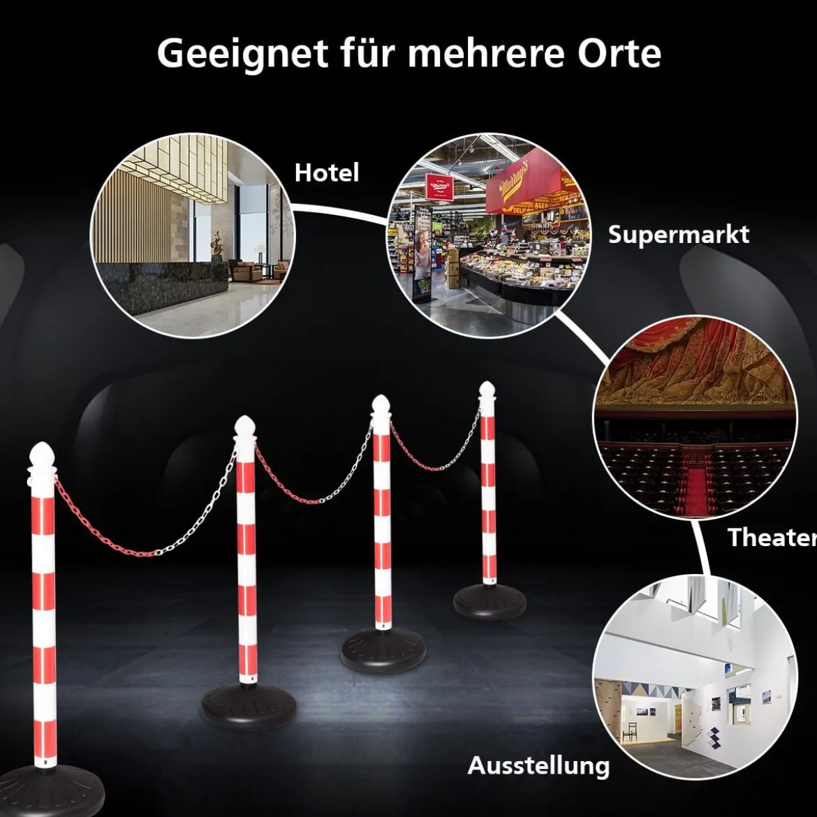 4 Abgrenzungsständer Personenleitsystem Absperrständer mit 3 Gliederketten Kunststoff