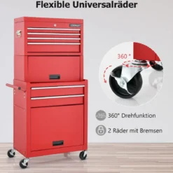 Abschließbarer 2-in-1-Werkzeugtruhe mit hoher Kapazität Griff 6 Schubladen & 4 Rädern abnehmbare Rot
