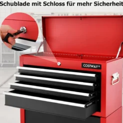 Abschließbarer 2-in-1-Werkzeugtruhe mit hoher Kapazität Griff 6 Schubladen & 4 Rädern Rot + Schwarz