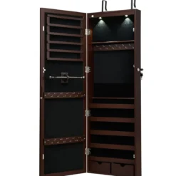 Abschließbarer LED-Schmuckschrank mit Ganzkörper-Spiegel 37 x 9.5 x 108 cm Braun