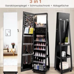 Abschließbarer Schmuckschrank mit Integriertem Schminkspiegel Verstellbaren Ablagen & Stauraum Schwarz
