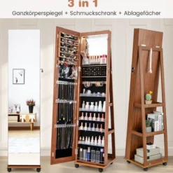 Abschließbarer Schmuckschrank mit integriertem Schminkspiegel verstellbaren Ablagen & Stauraum Braun