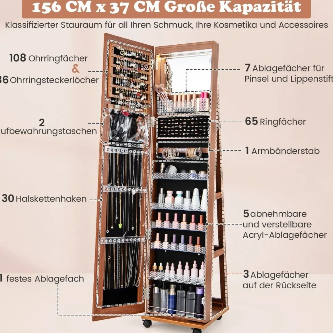 Abschließbarer Schmuckschrank mit integriertem Schminkspiegel verstellbaren Ablagen & Stauraum Braun