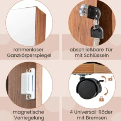 Abschließbarer Schmuckschrank mit integriertem Schminkspiegel verstellbaren Ablagen & Stauraum Braun