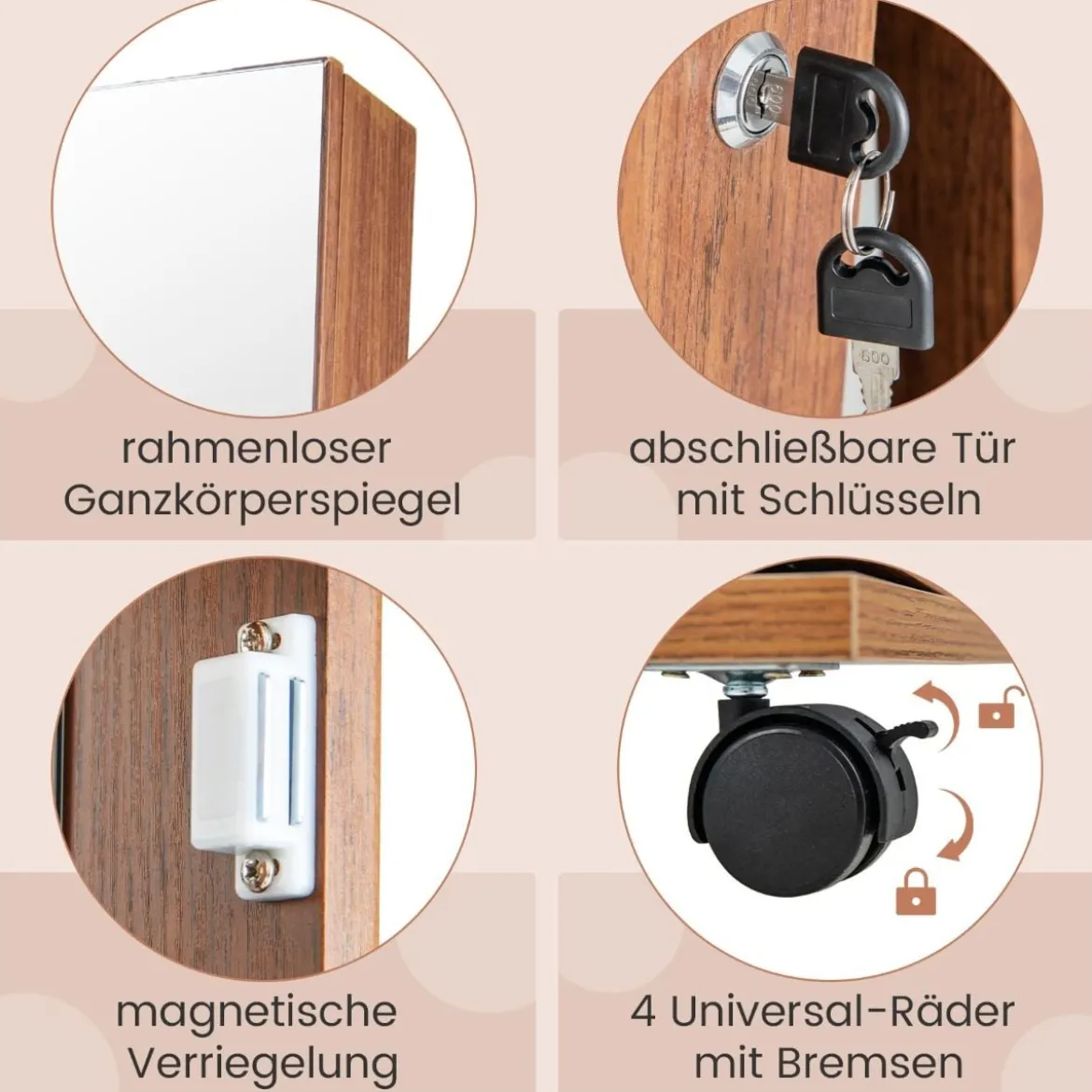 Abschließbarer Schmuckschrank mit integriertem Schminkspiegel verstellbaren Ablagen & Stauraum Braun