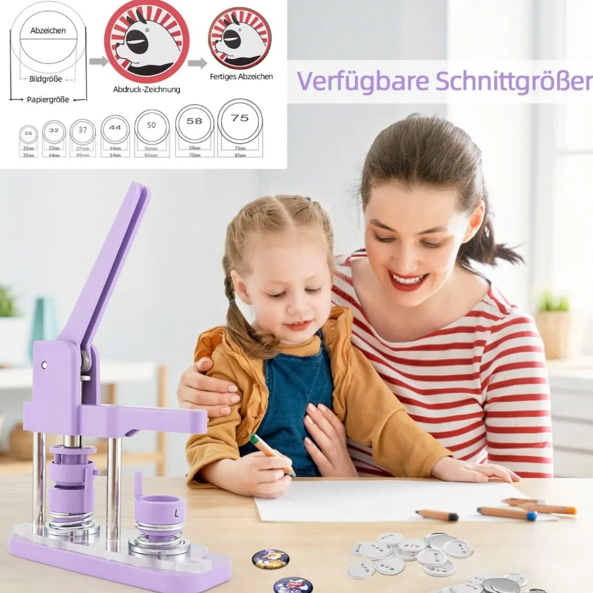 Abzeichenmaschine Button-Presse mit 500 Teilen 23 x 9 x 36 cm Lila