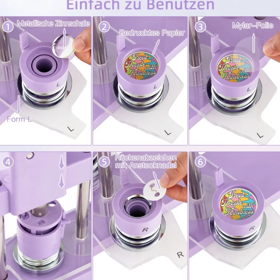 Abzeichenmaschine Button-Presse mit 500 Teilen 23 x 9 x 36 cm Lila