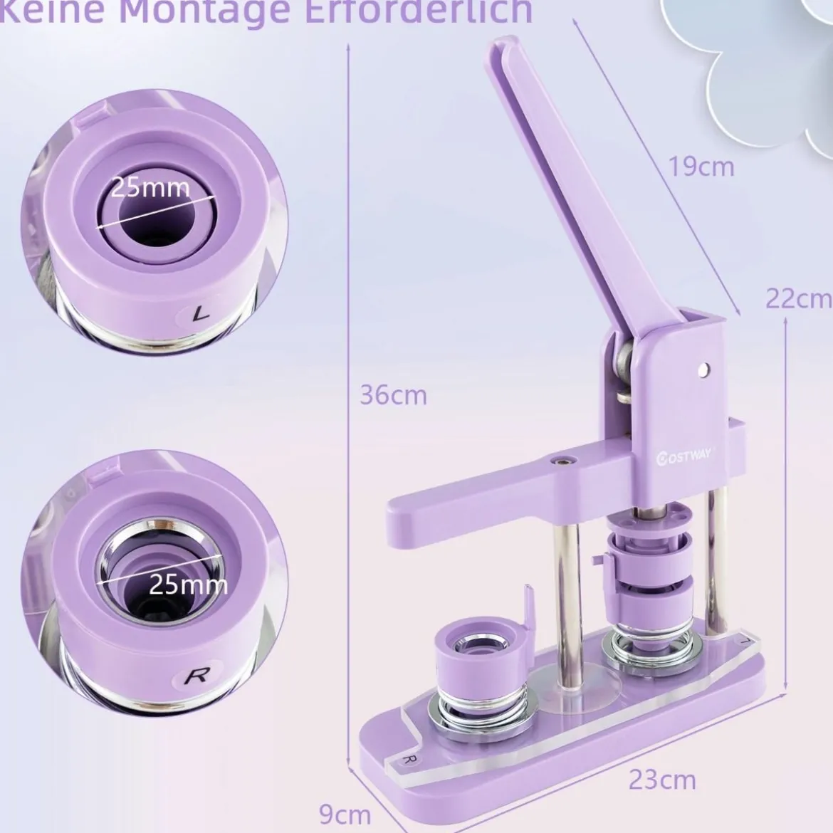 Abzeichenmaschine Button-Presse mit 500 Teilen 23 x 9 x 36 cm Lila