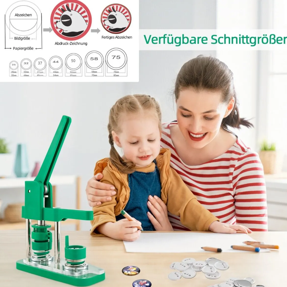 Abzeichenmaschine Button-Presse mit 500 Teilen 23 x 9 x 36 cm Grün