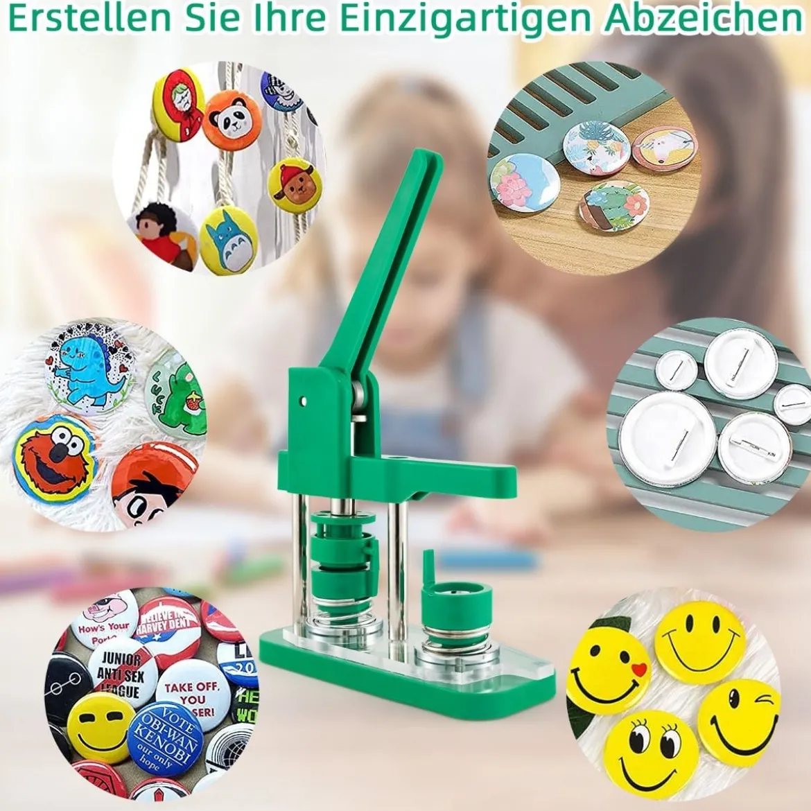 Abzeichenmaschine Button-Presse mit 500 Teilen 23 x 9 x 36 cm Grün
