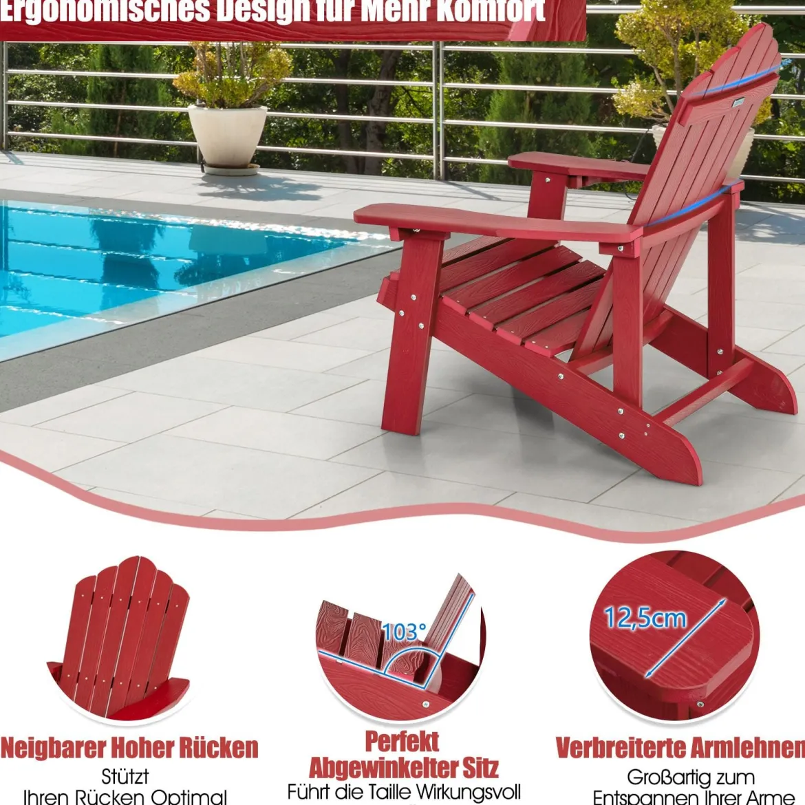 Adirondack-Stuhl Gartenstuhl mit Getränkehalter Schwarz/Navy/Weiß/Hellgrau/Rot