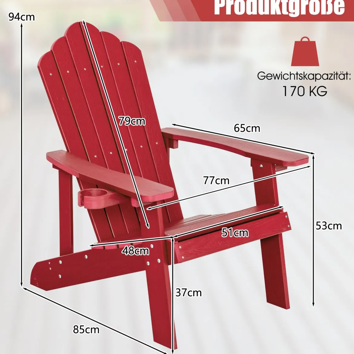 Adirondack-Stuhl Gartenstuhl mit Getränkehalter Schwarz/Navy/Weiß/Hellgrau/Rot