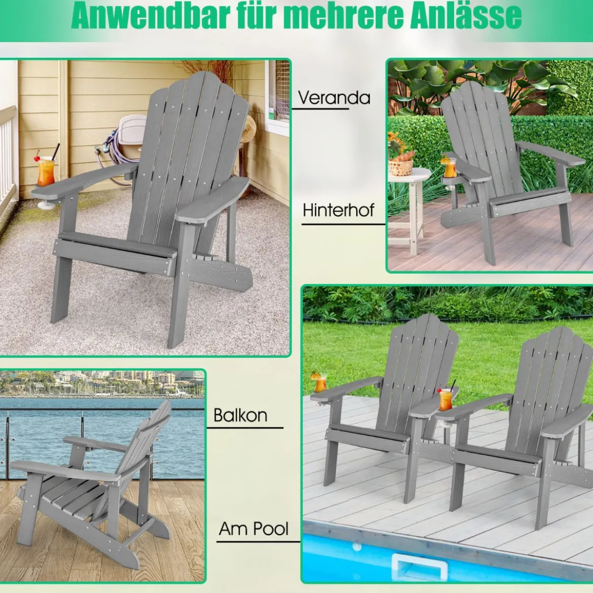 Adirondack-Stuhl Gartenstuhl mit Getränkehalter Schwarz/Navy/Weiß/Hellgrau/Rot