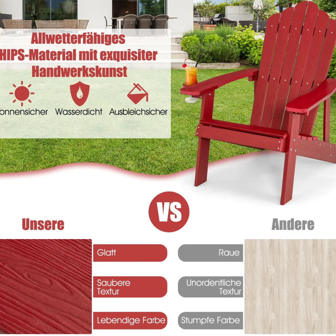 Adirondack-Stuhl Gartenstuhl mit Getränkehalter Schwarz/Navy/Weiß/Hellgrau/Rot
