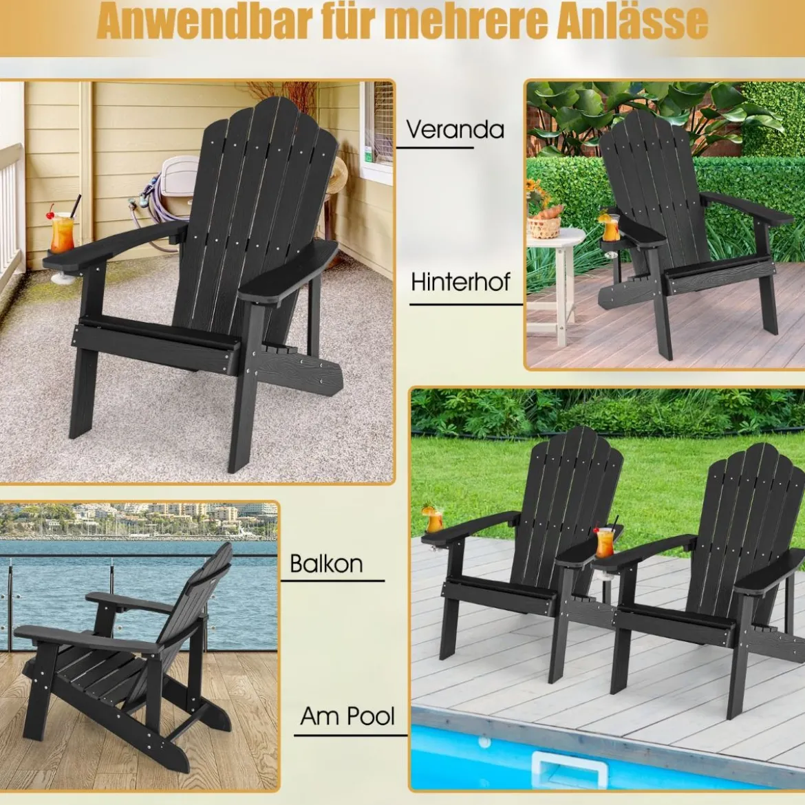 Adirondack-Stuhl Gartenstuhl mit Getränkehalter Schwarz/Navy/Weiß/Hellgrau/Rot
