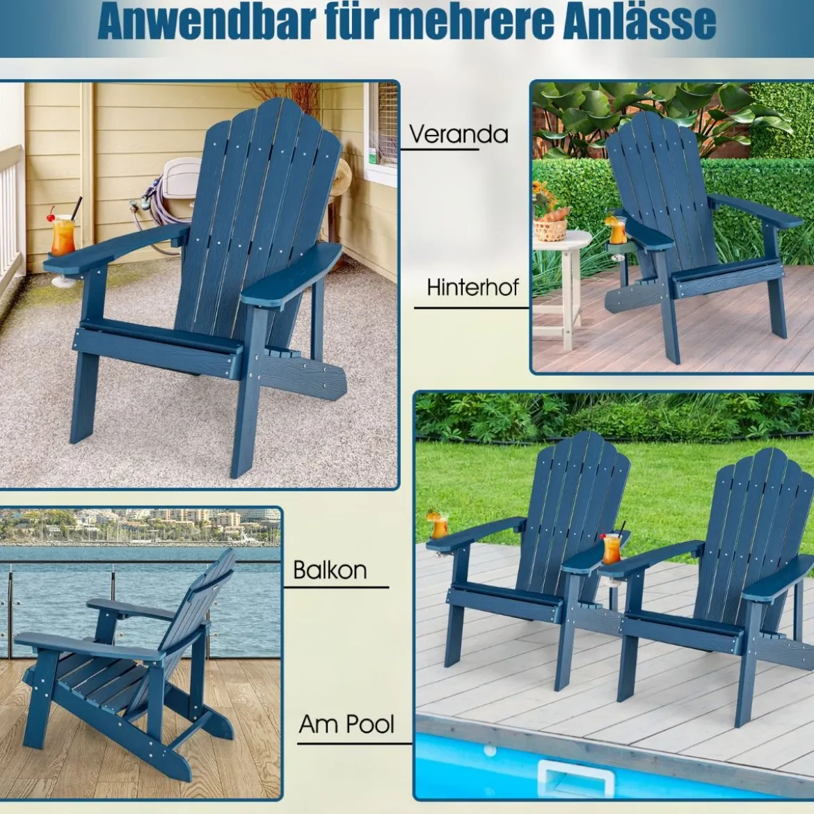 Adirondack-Stuhl Gartenstuhl mit Getränkehalter Schwarz/Navy/Weiß/Hellgrau/Rot