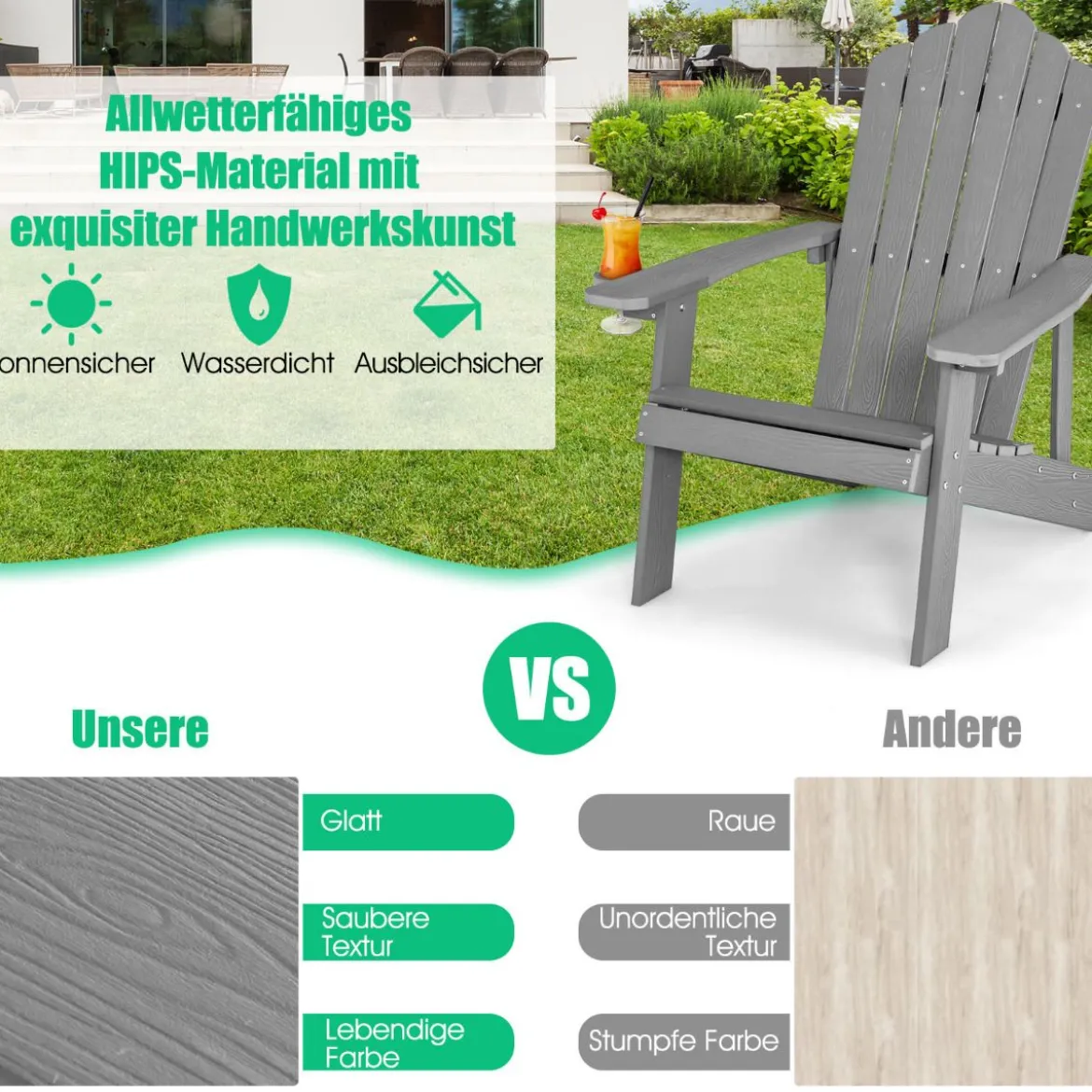 Adirondack-Stuhl Gartenstuhl mit Getränkehalter Schwarz/Navy/Weiß/Hellgrau/Rot