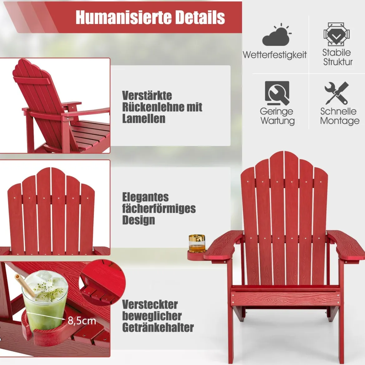 Adirondack-Stuhl Gartenstuhl mit Getränkehalter Schwarz/Navy/Weiß/Hellgrau/Rot
