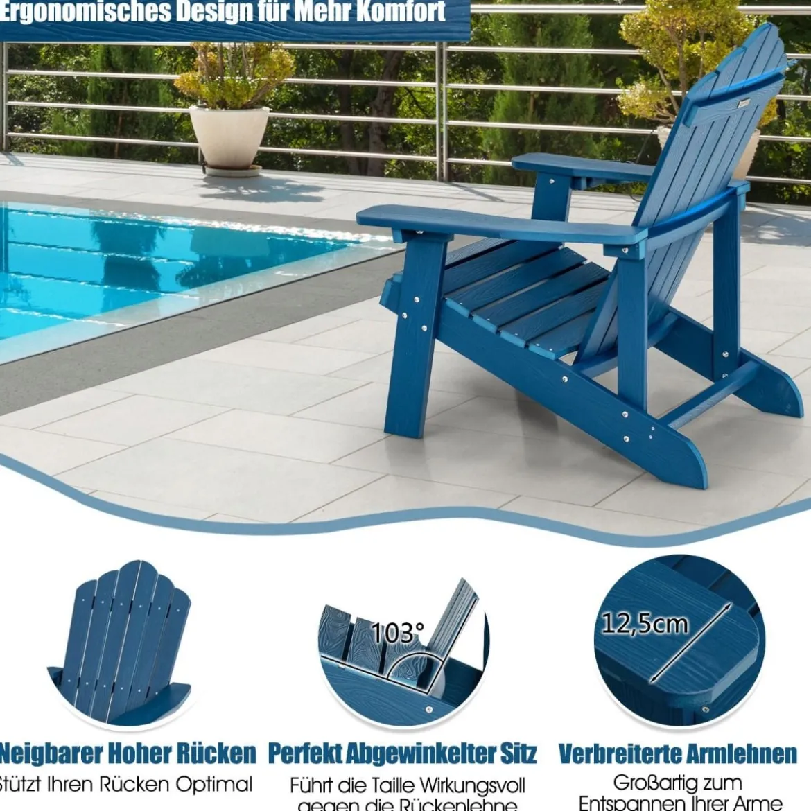 Adirondack-Stuhl Gartenstuhl mit Getränkehalter Schwarz/Navy/Weiß/Hellgrau/Rot