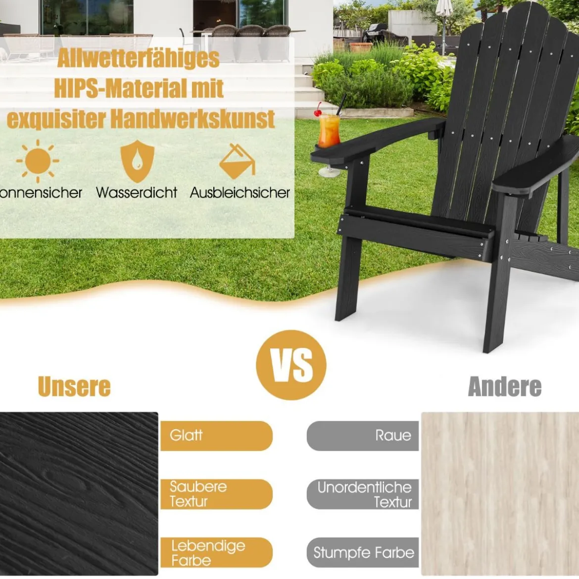 Adirondack-Stuhl Gartenstuhl mit Getränkehalter Schwarz/Navy/Weiß/Hellgrau/Rot