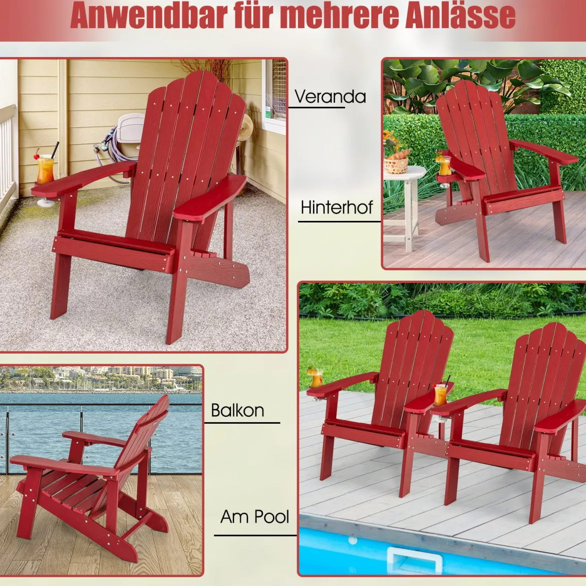 Adirondack-Stuhl Gartenstuhl mit Getränkehalter Schwarz/Navy/Weiß/Hellgrau/Rot