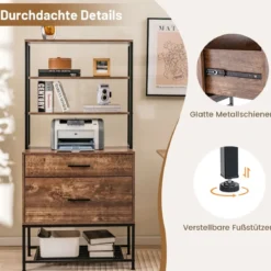 Aktenschrank mit Ladestation Büroschrank mit 3 offenen Regalen & 2 Schubladen Rustikales Braun/Grau