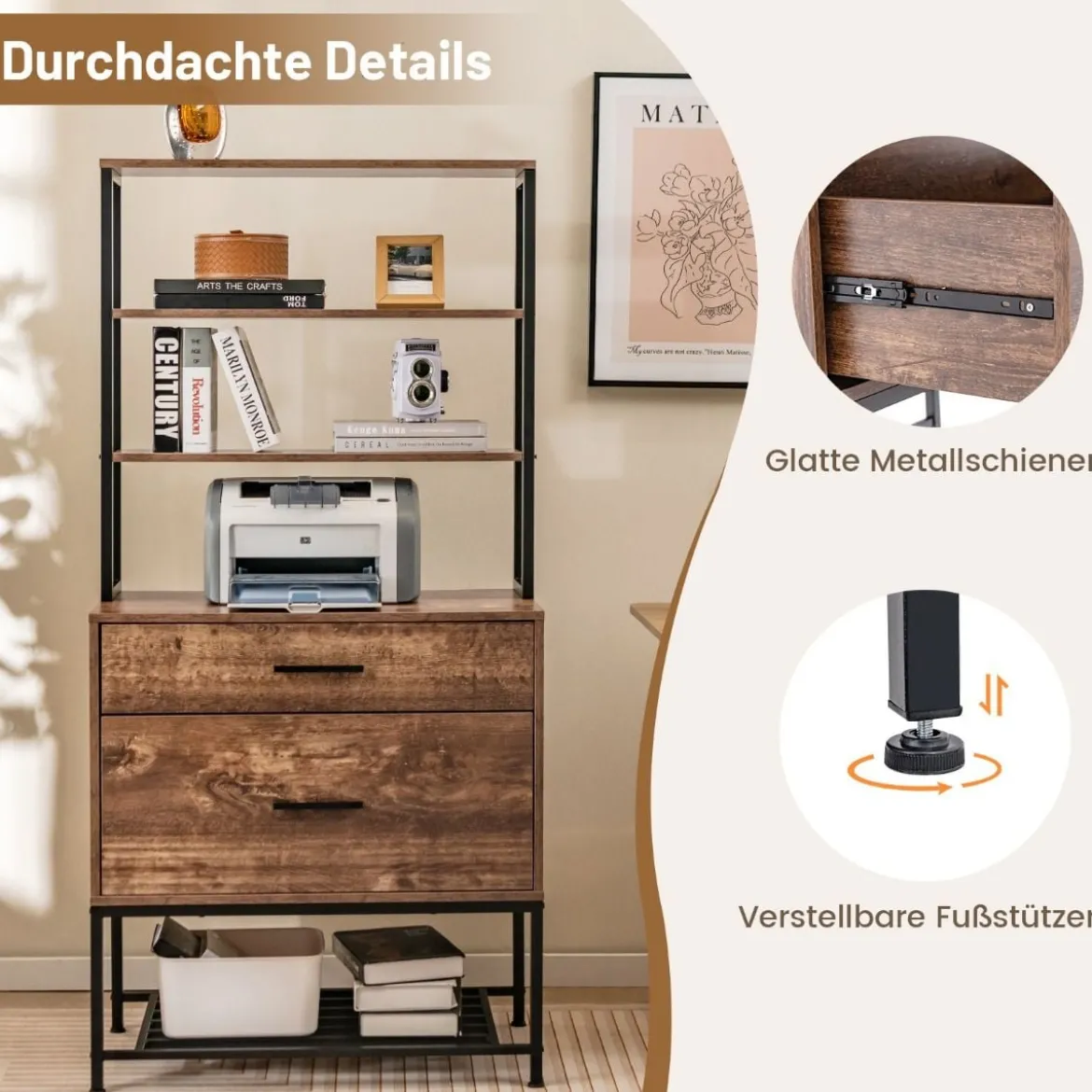 Aktenschrank mit Ladestation Büroschrank mit 3 offenen Regalen & 2 Schubladen Rustikales Braun/Grau