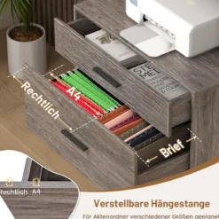 Aktenschrank mit Ladestation Büroschrank mit 3 offenen Regalen & 2 Schubladen Rustikales Braun/Grau