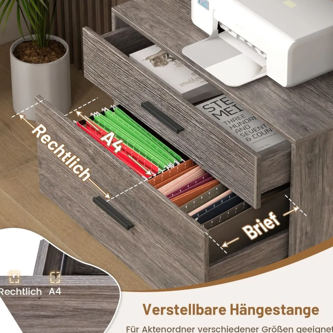 Aktenschrank mit Ladestation Büroschrank mit 3 offenen Regalen & 2 Schubladen Rustikales Braun/Grau