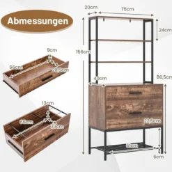 Aktenschrank mit Ladestation Büroschrank mit 3 offenen Regalen & 2 Schubladen Rustikales Braun/Grau