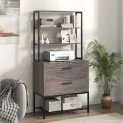 Aktenschrank mit Ladestation Büroschrank mit 3 offenen Regalen & 2 Schubladen Rustikales Braun/Grau