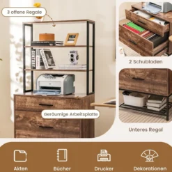 Aktenschrank mit Ladestation Büroschrank mit 3 offenen Regalen & 2 Schubladen Rustikales Braun/Grau