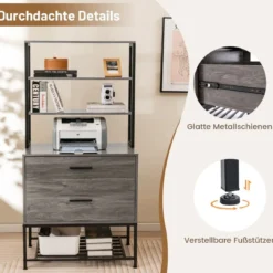 Aktenschrank mit Ladestation Büroschrank mit 3 offenen Regalen & 2 Schubladen Rustikales Braun/Grau