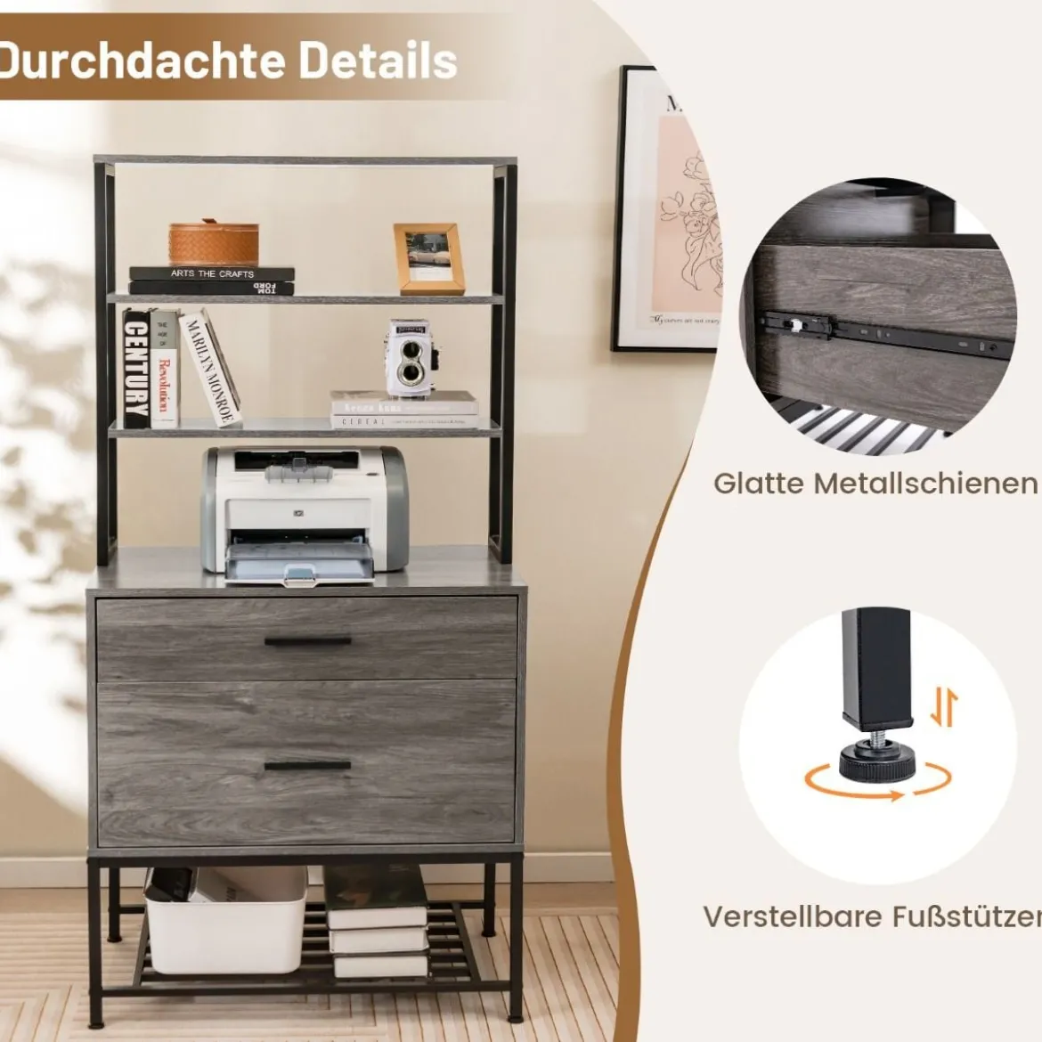 Aktenschrank mit Ladestation Büroschrank mit 3 offenen Regalen & 2 Schubladen Rustikales Braun/Grau