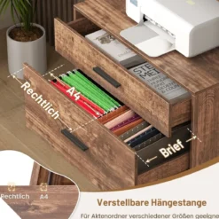 Aktenschrank mit Ladestation Büroschrank mit 3 offenen Regalen & 2 Schubladen Rustikales Braun/Grau