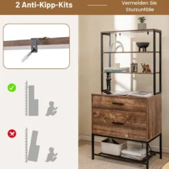 Aktenschrank mit Ladestation Büroschrank mit 3 offenen Regalen & 2 Schubladen Rustikales Braun/Grau