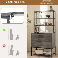 Aktenschrank mit Ladestation Büroschrank mit 3 offenen Regalen & 2 Schubladen Rustikales Braun/Grau