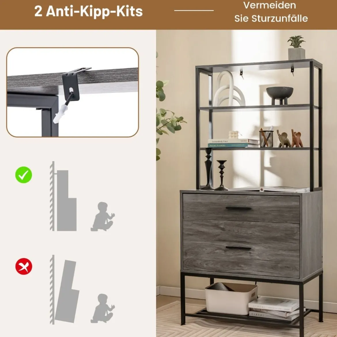 Aktenschrank mit Ladestation Büroschrank mit 3 offenen Regalen & 2 Schubladen Rustikales Braun/Grau