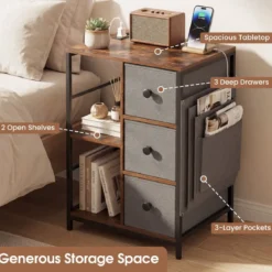 Aktenschrank mit Offenen Ablage & Ladestation & Stoffschubladen & Seitentaschen Beistelltisch