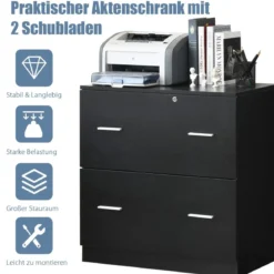 Aktenschrank mit 2 Schubladen strapazierfähiger Druckerständer aus Holz Ordnerschrank für Dokumente