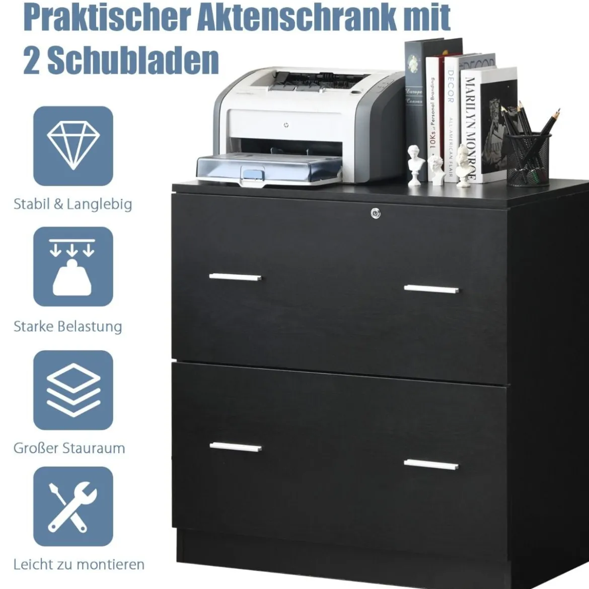 Aktenschrank mit 2 Schubladen strapazierfähiger Druckerständer aus Holz Ordnerschrank für Dokumente