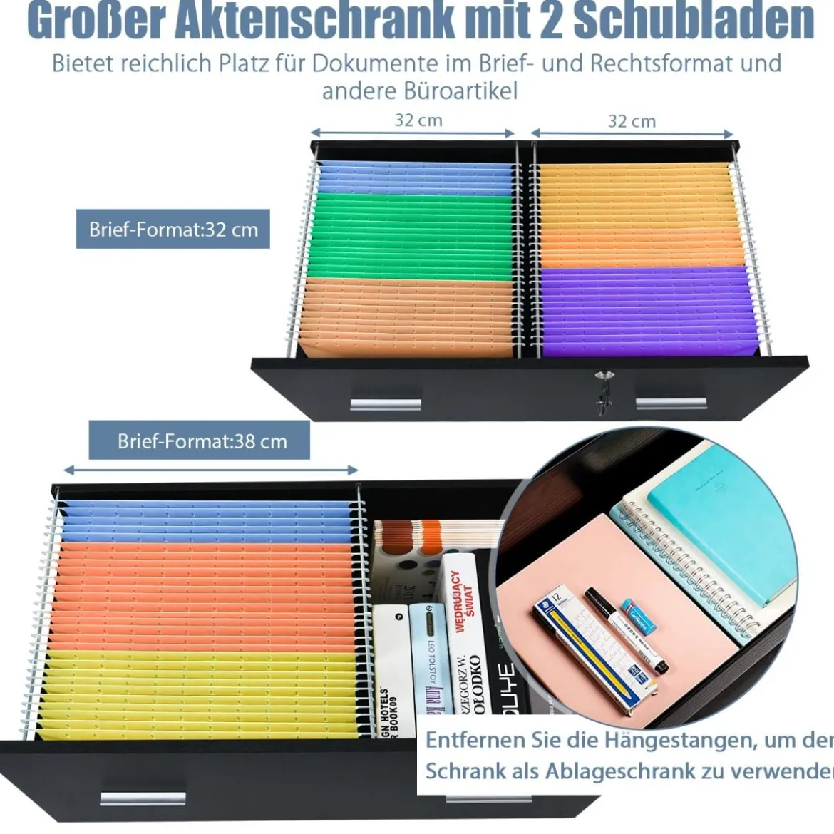 Aktenschrank mit 2 Schubladen strapazierfähiger Druckerständer aus Holz Ordnerschrank für Dokumente