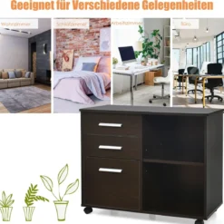 Aktenschrank mit 3 Schubladen Mobiler Büroschrank auf Rädern 81 x 41 x 66 cm Braun