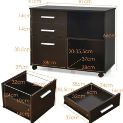 Aktenschrank mit 3 Schubladen Mobiler Büroschrank auf Rädern 81 x 41 x 66 cm Braun