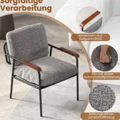 Akzentstuhl mit Rückenkissen & Breiter Gepolsterter Sitz Wohnzimmerstuhl LesesesselGrau