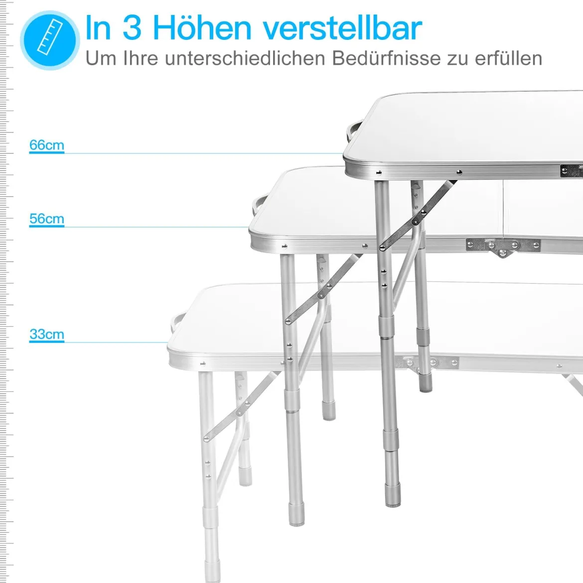 Aluminium-Klapptisch Multifunktionaler Camping-Tisch mit 3 einstellbaren Positionen Weiß
