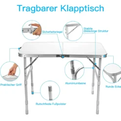 Aluminium-Klapptisch Multifunktionaler Camping-Tisch mit 3 einstellbaren Positionen Weiß