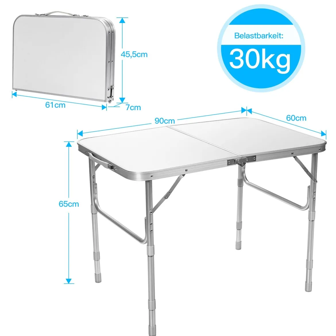 Aluminium-Klapptisch Multifunktionaler Camping-Tisch mit 3 einstellbaren Positionen Weiß