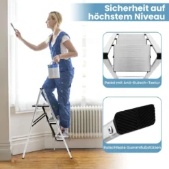 Aluminium Trittleiter mit Breiten Rutschfesten Stufen Klappbarer Stehleiter bis 150 kg Silber