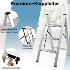 Aluminium Trittleiter mit Breiten Rutschfesten Stufen Klappbarer Stehleiter bis 150 kg Silber
